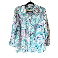 Talbots Blue Pink Paisley Button Front Shirt 100% Cotton Womens Plus Petite 2XP