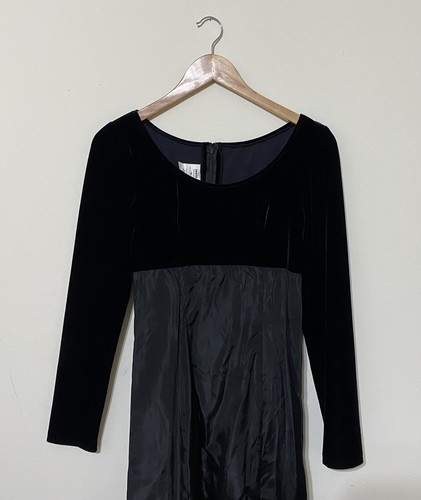 Vintage Mod Empire Waist Formal/ Prom Maxi Dress Black Velvet Taffeta Goth - Picture 2 of 8