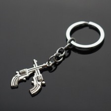 Crossed Pistols Revolvers Guns Western Silver Keyring Keychain Key Ring Chain