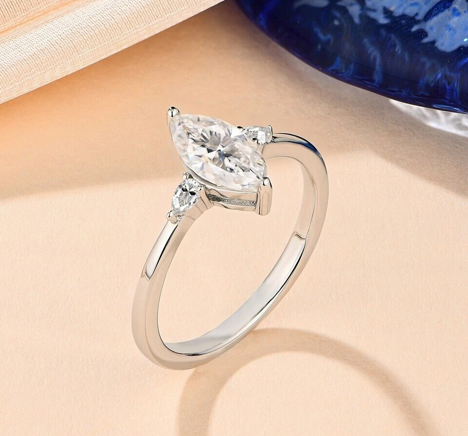 1ct Marquise Cut Ring Solitaire 18k White Gold Lab-Created Diamond Test Pass 6.5 - Image 2 of 4