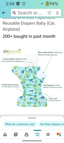 Washable Cloth Diapers wegreeco Cloth Diapers 6 Pack with 6 Inserts & 1 Wet Bag - Picture 4 of 8