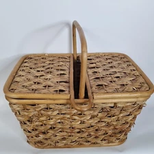 VTG Large Woven Rattan Palm Rush Bentwood Picnic Basket Boho Decor Rare Braided