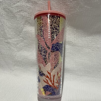 Starbucks Coral Reef Bubble Pink Gold Cold Cup 24 Oz Venti Tumbler with Straw