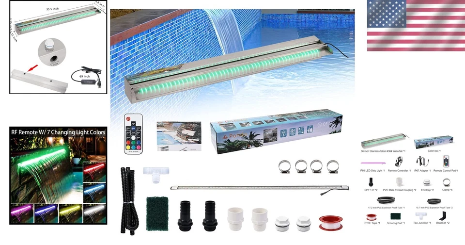 Stainless Steel 36" Waterfall Fountain - Lighted LED Design with Remote Control - Image 2 of 4