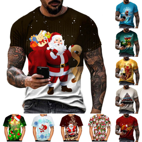 Womens Mens Christmas 3D Santa Claus Short Sleeve T Shirt Xmas Party Tops Blouse - Picture 1 of 36