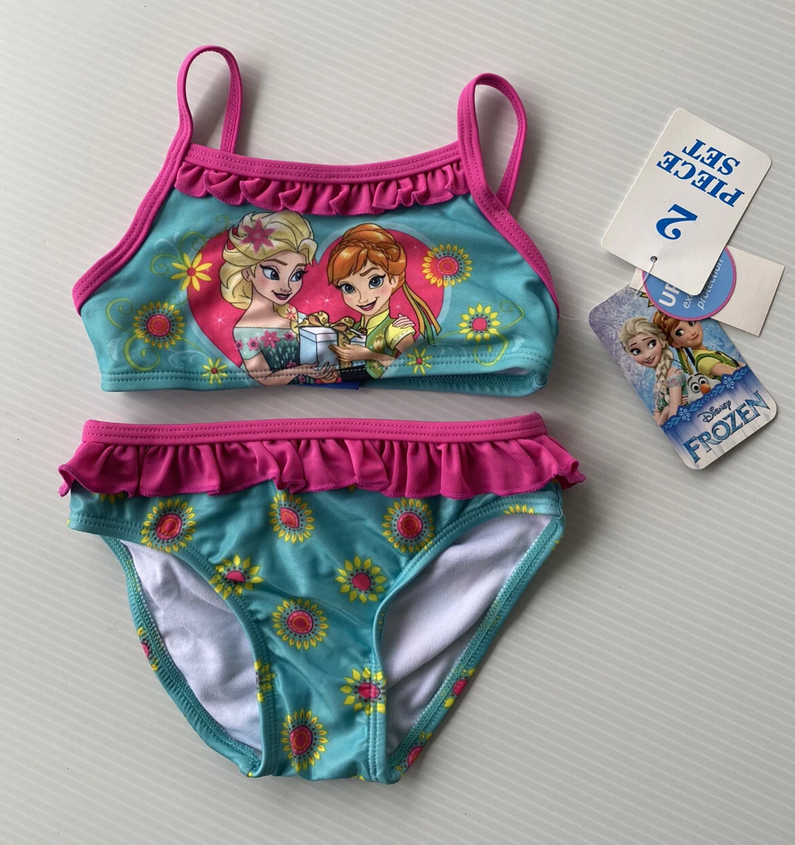 NEW Girls FROZEN DISNEY ELSA ANNA Two Piece Bikini Swimsuit Ruffle 2T 5T  Blue