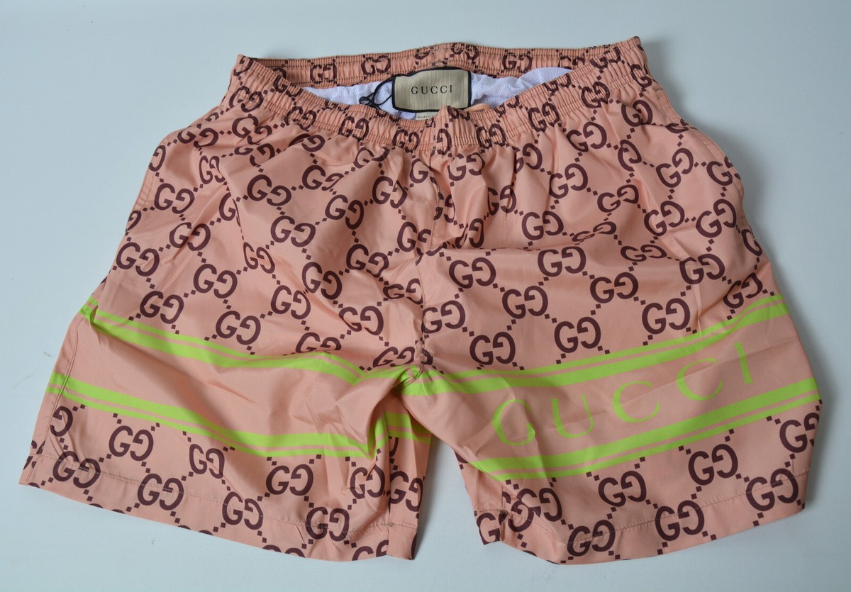 Gucci Men's Swim Shorts S | Light Orange GG Monogram | Neon Green