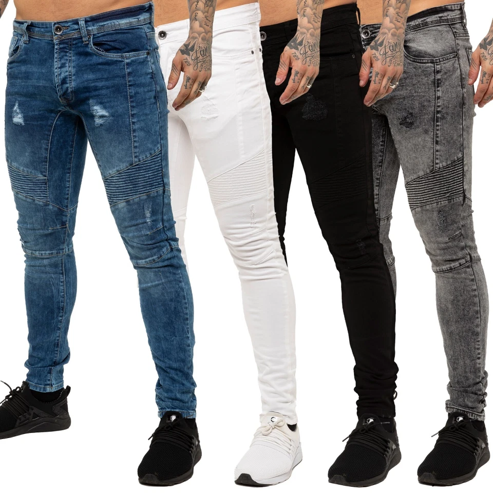 Enzo Mens Biker Jeans Slim Fit Skinny Stretch Denim Trouser Pants UK Waist Sizes