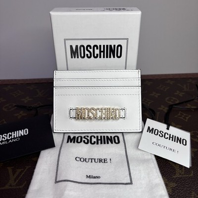 NWT $325 Moschino Couture Leather Glam Crystal Fantasy Card Holder Case White