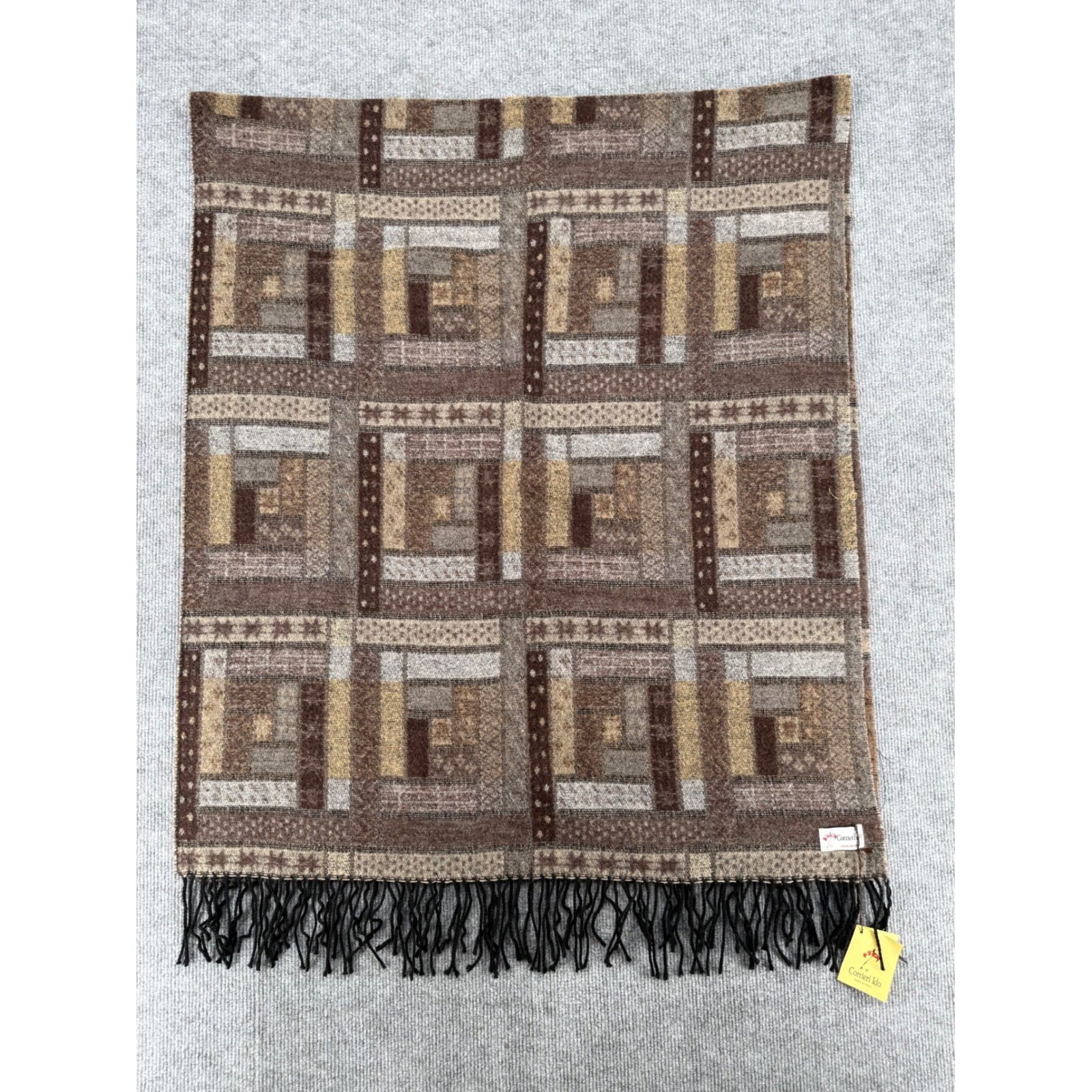 Corrieri Ido 100percent Wool Scarf Made in Italy Brown Patchwork Geometric Fringe NWT