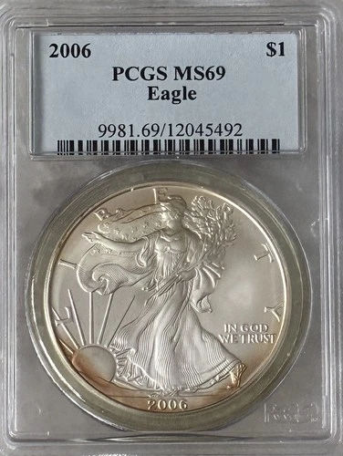 2006 AMERICAN SILVER EAGLE 0.999 FINE 1 TROY OZ PCGS MS69 MS 69 OLD BLUE LABEL