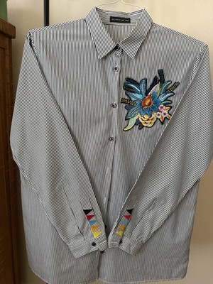 Etro Milano Italy Striped Button Down Shirt Floral Embroidery Cotton Size 46