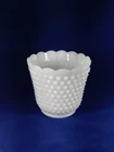 VINTAGE FIRE KING OVEN WARE WHITE GLASS HOBNAIL & DASH VASE / PLANTER 5 1/4" T