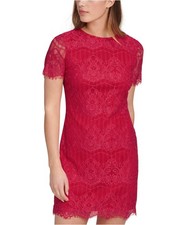 KENSIE Womens Stretch Zippered Short Sleeve Crew Neck Short Party Sheath Dress
