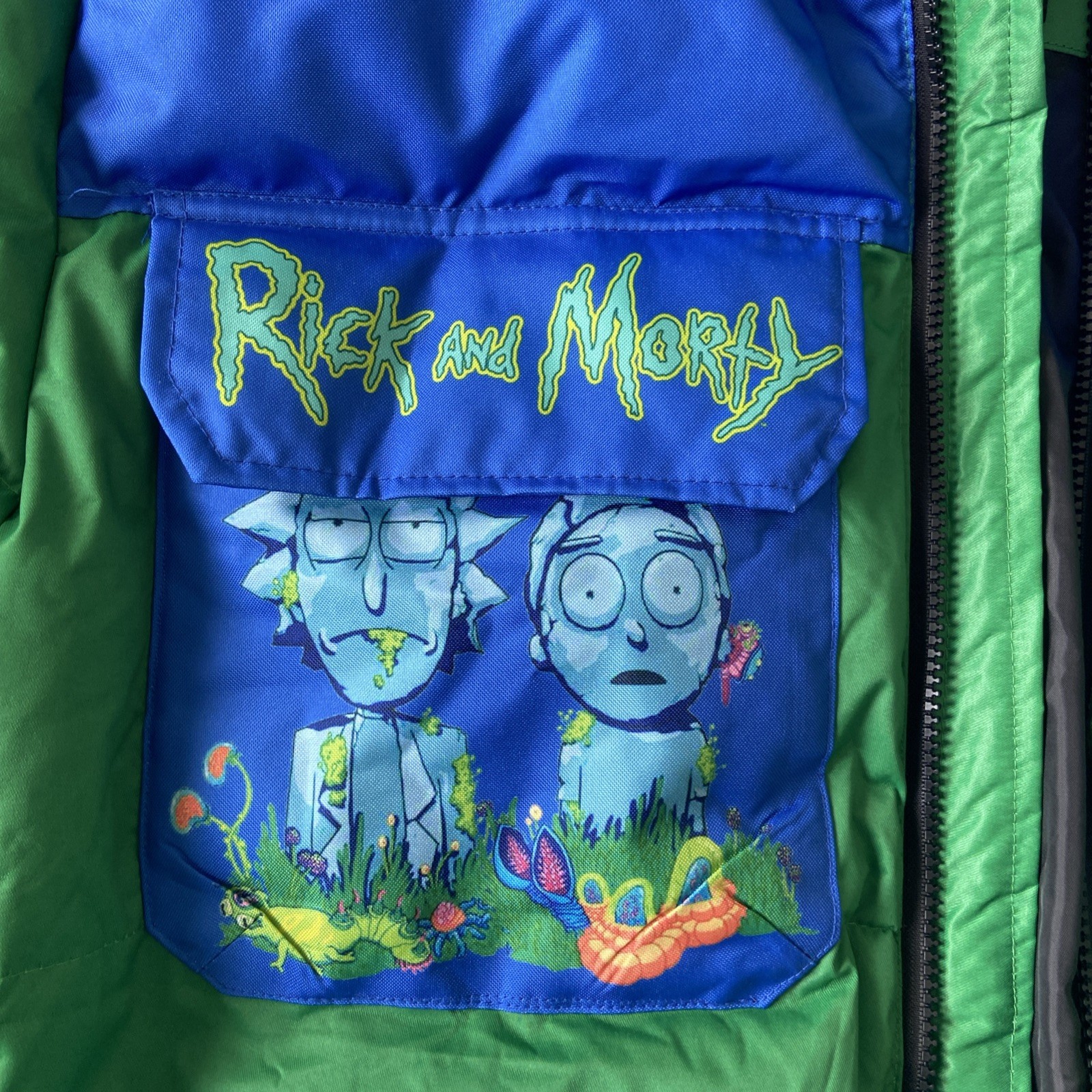 Rick and Morty Members Only Hooded Puffer Jacket Green Blue Size L Adult Swim image 3