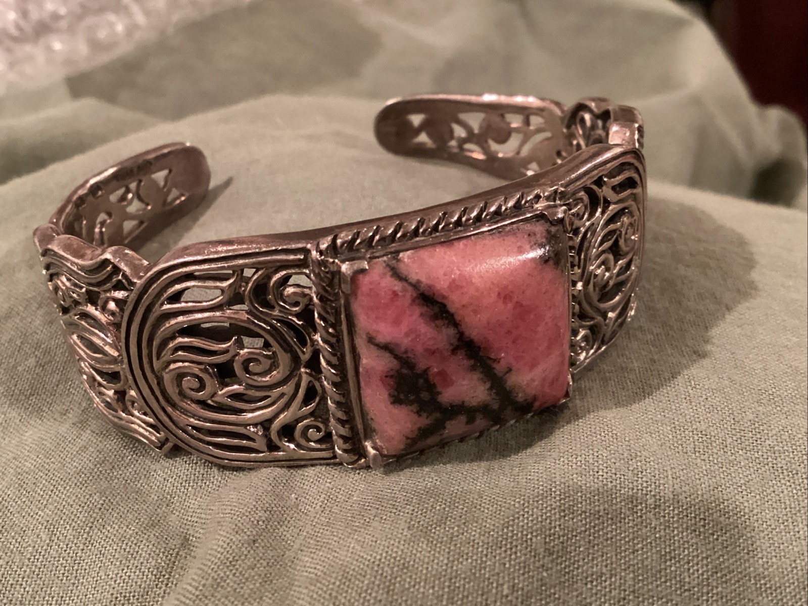 STERLING SILVER RHODONITE STATEMENT  Filigree Cuf… - image 2