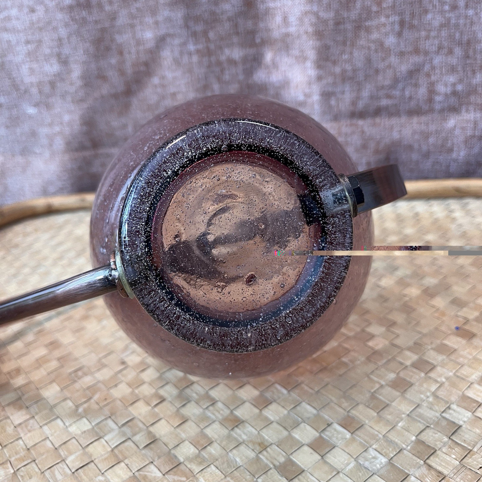 Hand Blown Amici Purple Seed Glass & Copper Watering Can, Raffia Wrapped Handle