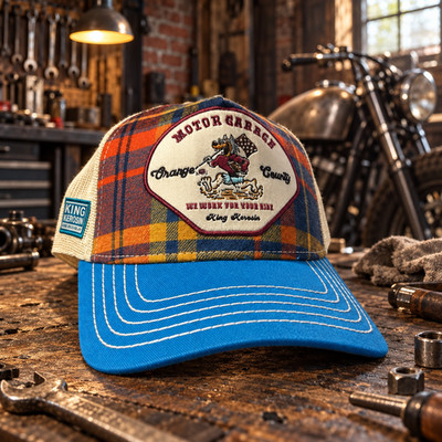 King Kerosin Trucker Cap Motor Garage Karo Blau Mesh Snapback Vintage