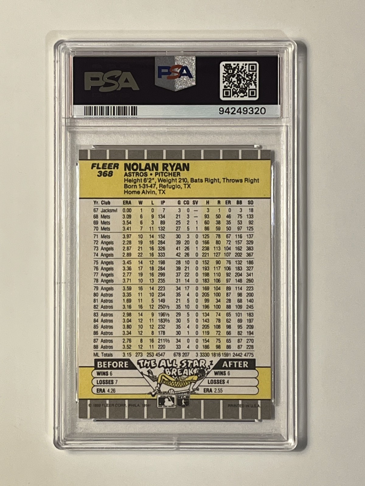 Nolan Ryan 1989 Fleer PSA 10 #368 view 2