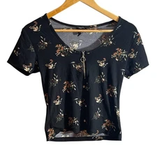 rue21 Juniors Y2K Floral Crop Top Large Black Ring Zip Front Stretch Fitted