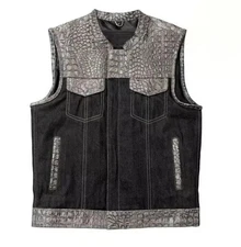 Men’s Black and Gray Crocodile-Embossed Leather Denim Biker Vest