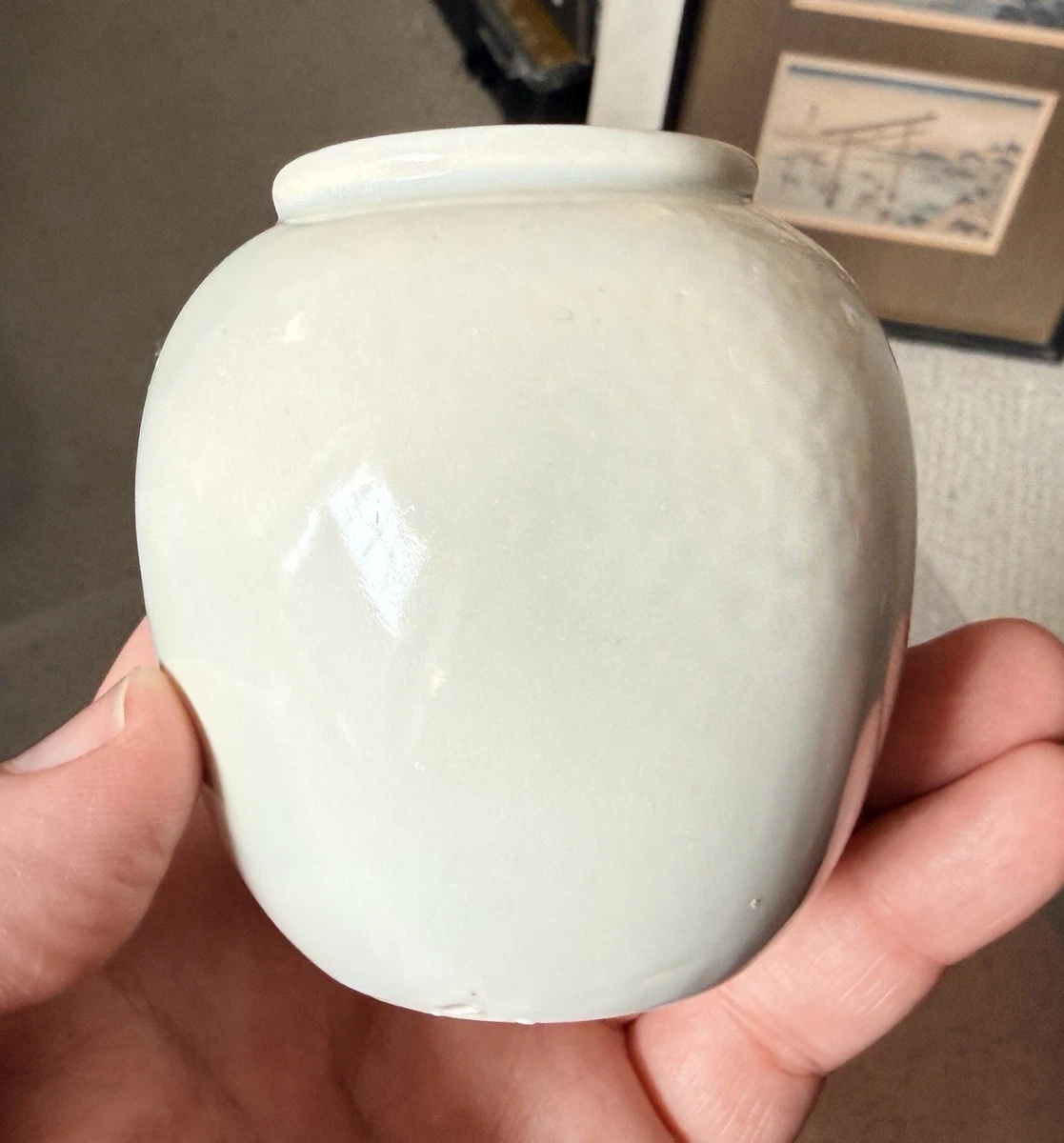 Small Vintage Celadon Glazed Porcelain Vase East Asian Style Signed, 3"