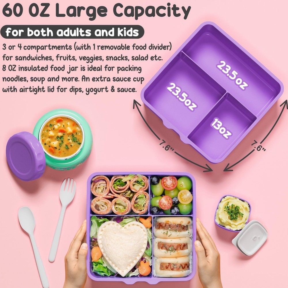 Leakproof 3-4 Compartment Bento Lunch Box for Kids & Adults with Cutlery