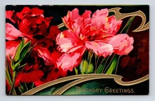 Happy Birthday Red Pink Carnation Flower Greetings Gilded Embossed Postcard