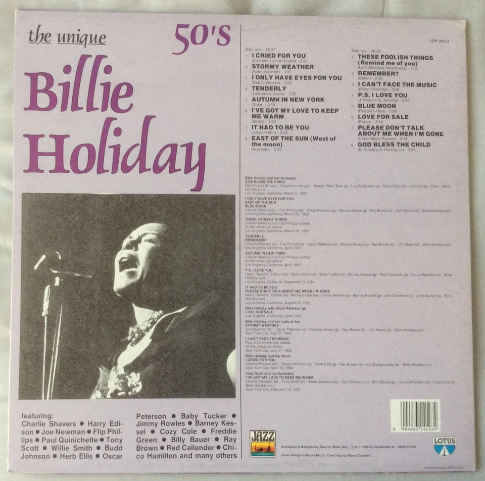 Billie Holiday ● The Unique 50's ● 1986 Italian Vinyl LP ● LOP 14123 ● VG+/VG+ - Image 2 of 4