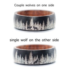 Mens Womens Black Couple Wolf Wood Wooden Ring For Men Stainless Steel Size 5-15