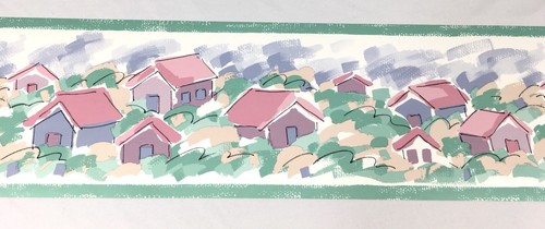 Wallpaper Border Village Pastel Scene Pink Roof House Brush Stroke Purple Lilac - Picture 3 of 6