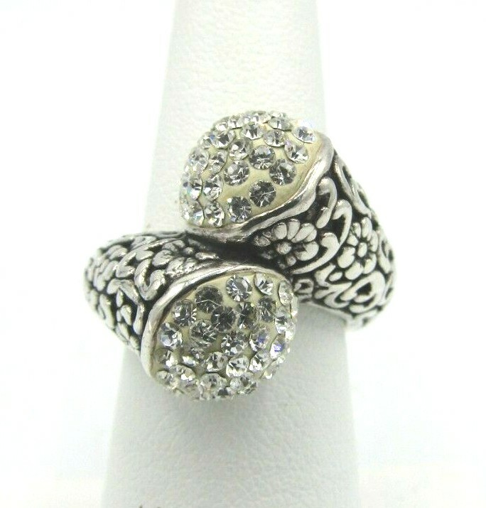 AB 925 Sterling Silver Floral Scroll Crystal CZ Ends Bypass