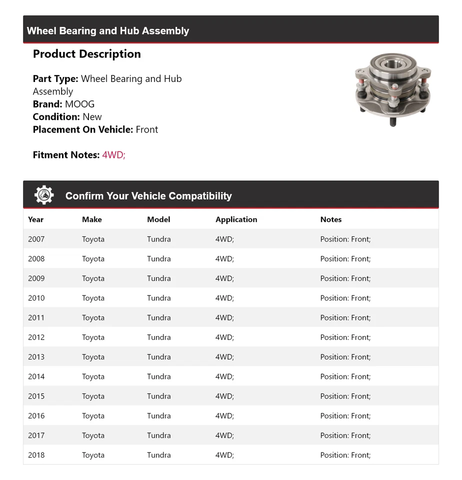 Conjunto de cojinete de rueda y buje delantero MOOG 2007-2018 Toyota Tundra 4x4 Foto 2 de 4