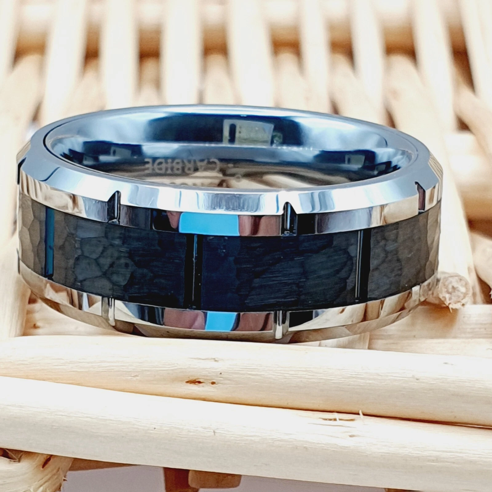 Black Hammered Center Wedding Band Silver Tungsten Wedding Ring Groom Ring
