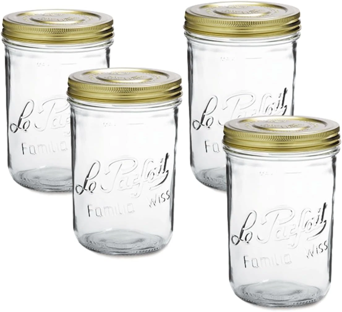 Familia Wiss 32Oz Wide Mouth Glass Jars with Airtight Gold Lids (Pack of 4)