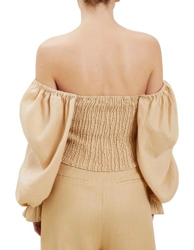 HARDLY WORN Seed Heritage Linen Ruched Blouse Top Sand Size 10 Shirred Back - Picture 4 of 12