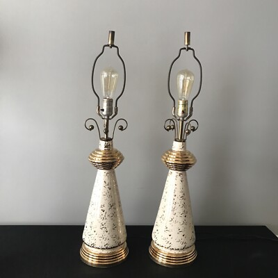 MCM Deena China 24k Gold Atomic Era 1950's Working Table Lamp Set