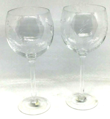Wine Water Glasses Goblets Elements Etched Leaves Stem Pair 2 Elegant Simple