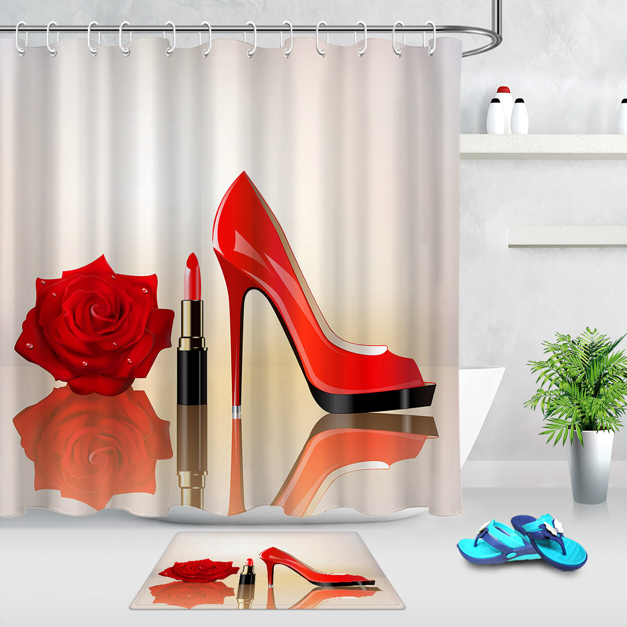 Red Rose Lipstick High Heels Shower Curtain Set Polyester Fabric