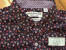 New Nick Graham Men Performance Stretch Blue Floral Woven Button Shirt Medium