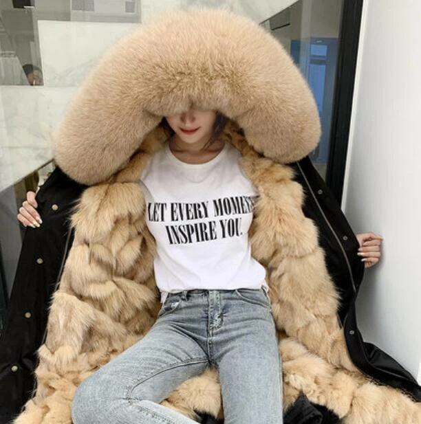 Winter Womens Long Real Fox Fur Collar Hooded Parka Jacket Fox Fur Lined Furry  - image 3 of 4