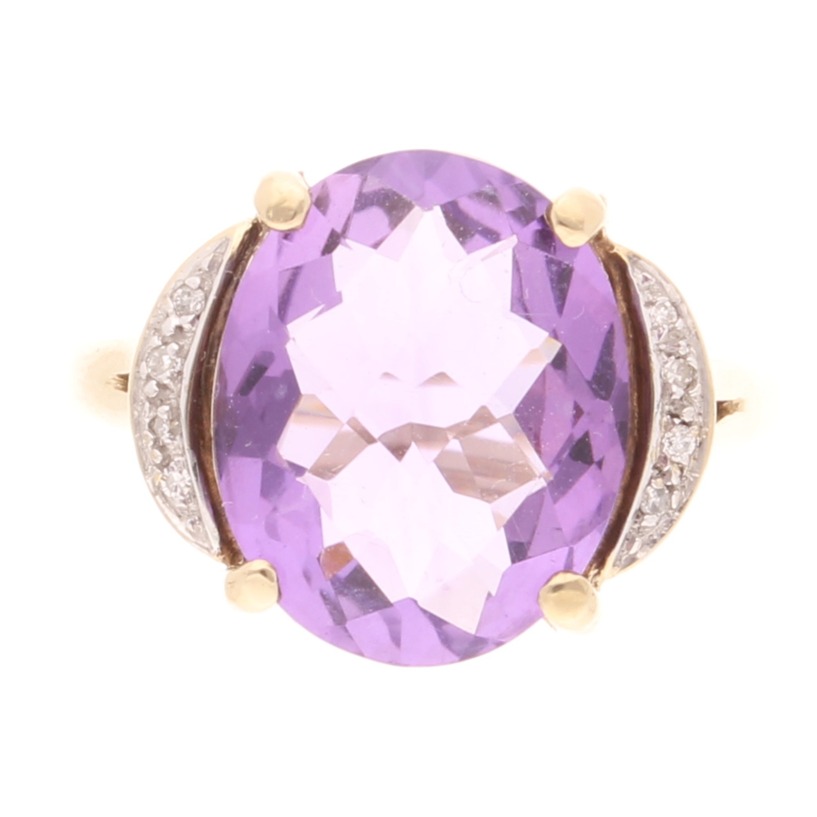 9Ct Yellow Gold Amethyst Solitaire w/ Diamond Accents Ring (Size U) 12x15mm Head
