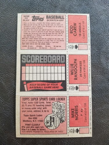 1981 TOPPS BASEBALL SCRATCH-OFF COMPLETE PANEL CAREW RANDOLPH NORRIS - Picture 2 of 2