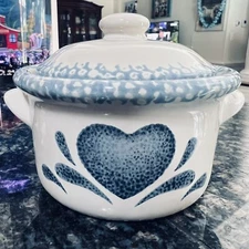 Vintage Spongeware Blue Heart Soup, Chili Covered Crock with Lid Marked China. 
