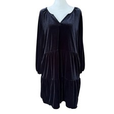 Gap Black Velvet Tiered Mini Dress Womens L 3/4 Sleeves Romantic Whimsigoth