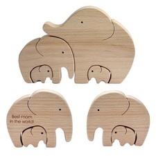 Mom and Baby Elephant Statue Cute Wooden Sculpture Shelf Decor Collectible
