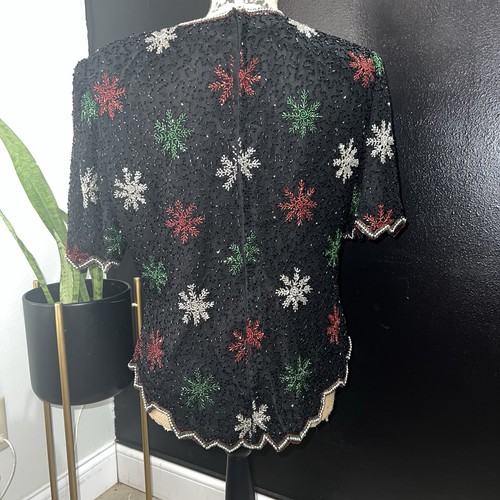 Vintage Laurence Kazar Beaded Holiday Top XL Snowflake Christmas Holiday Festive - Picture 2 of 7