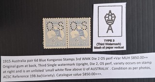 1915 Australia Pair 6d Blue Kangaroo Stamps 3rd WMK Die 2 OS perf Var MUH $850.