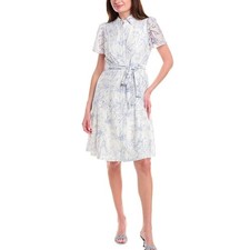 Anne Klein Womens Shirt Dress Midi White Blue Floral Print Belted Size 14 NWT