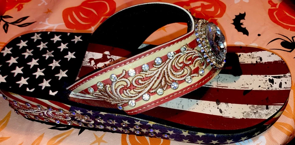 Montana West Wedge Flip Flops Size 9 Americana American Flag Conches Rhinestone - Image 4 of 4